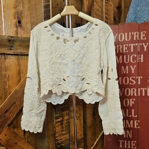 300 POL Cream Embroidered Lace Peasant Blouse